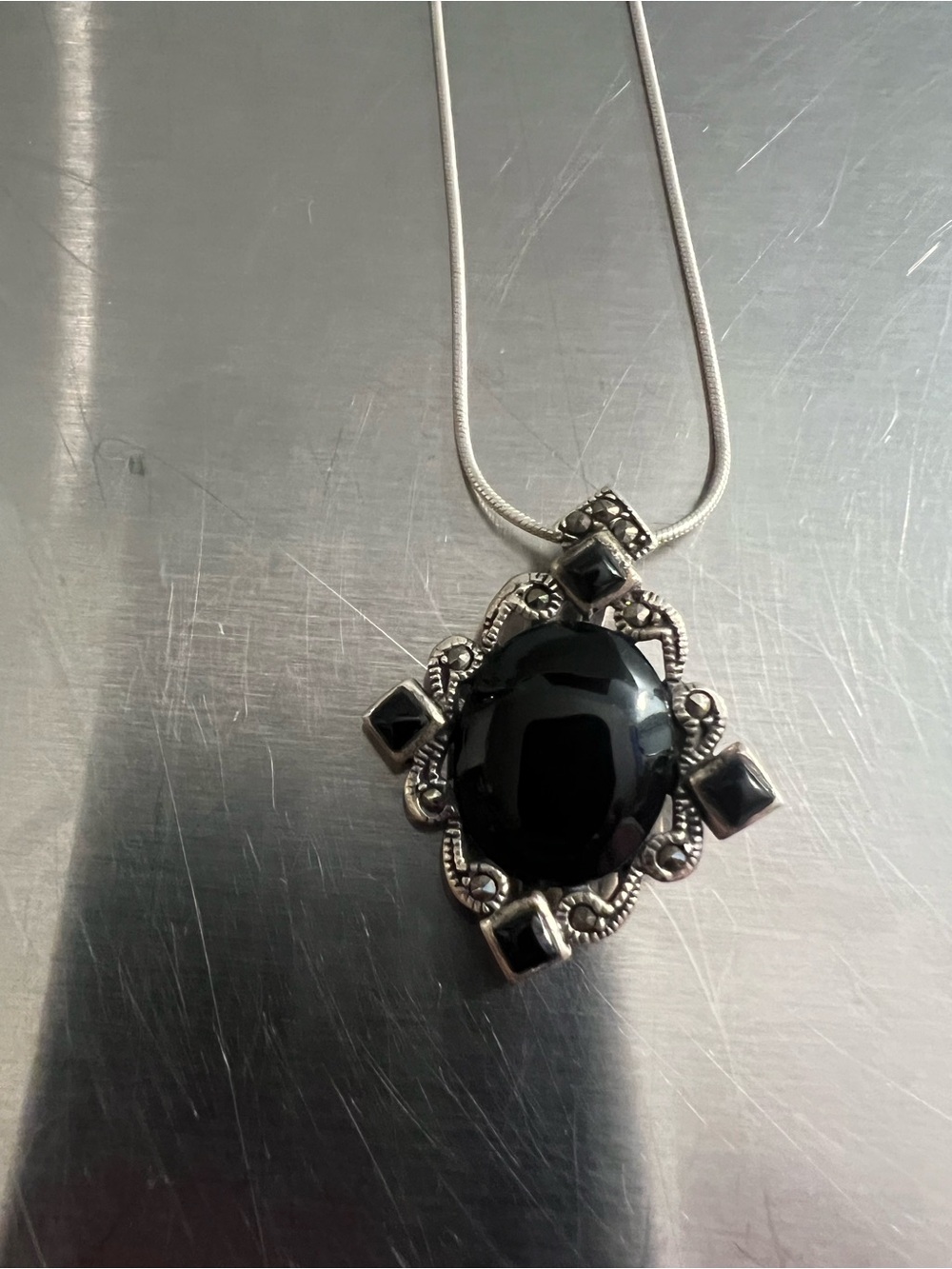 Black Onyx Antique Style Pendant Necklace with Sterling Silver Chain